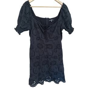 7 For All Mankind | Eyelet Puff Sleeve Scalloped Mini Dress | Black | Size M